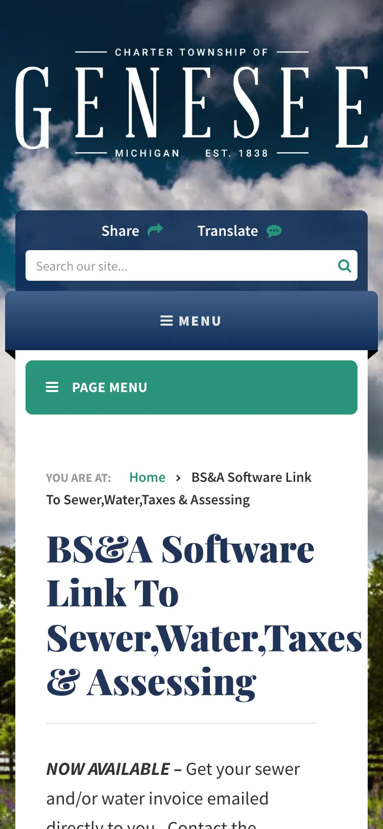 Genesee Township bill pay page on a phone, titled BS&A Software Link To Sewer, Water, Taxes & Assessing.