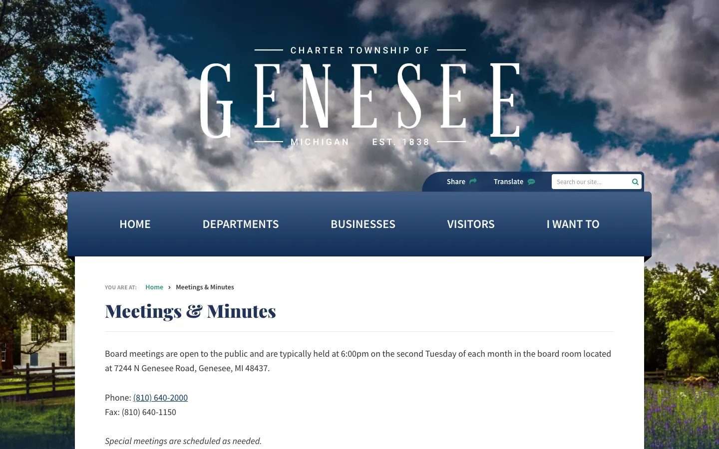 Genesee Township Meetings and Minutes page, explaining that board meetings are open to the public and usually held at 6:00 p.m. on the second Tuesday of each month.