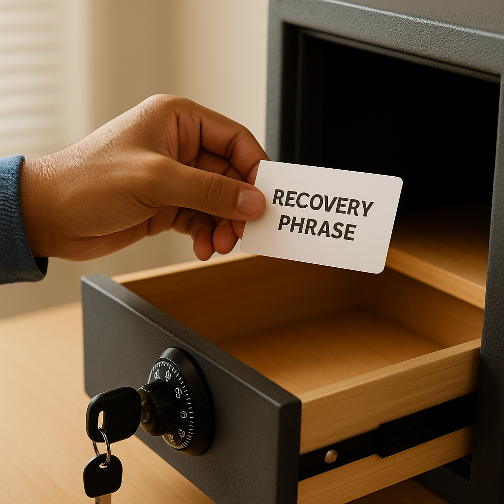 User storing crypto wallet recovery phrase securely for future protection