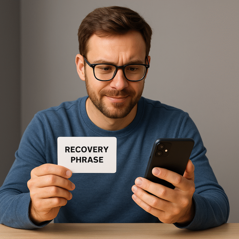 a person restoring a crypto wallet on a new smartphone after losing their phone