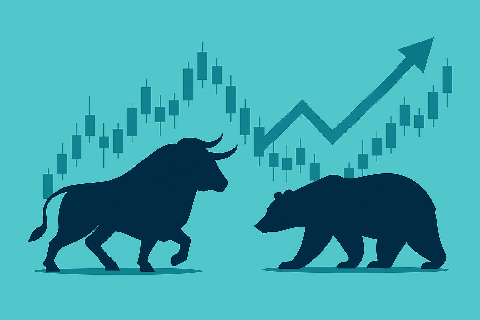 bull and bear market silhouettes with candlestick chart background showing trading trends